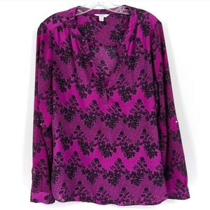 Candie's Women's Purple Black Floral Shirt Roll Tab Sleeve Shirt Top Size XL